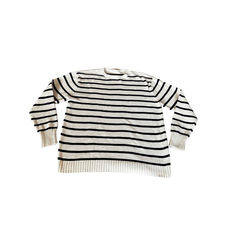 John Galt Mens Striped Cotton Knit Crewneck Sweater Cream Navy SZ Large